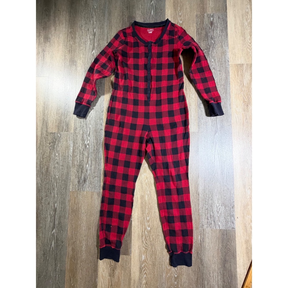 L.L. Bean Union Suit Pajamas Women Medium Red Buffalo Plaid Waffle Knit Thermal